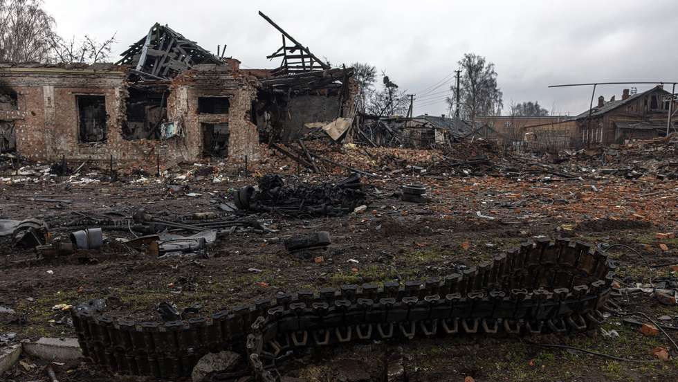 epa09861027 Parts of destroyed Russian military tanks and vehicles lay on the ground, next to the railway station where the Russian forces were stationed, in recaptured by the Ukrainian army Trostyanets town, in Sumy region, Ukraine, 30 March 2022. Trostyanets was recaptured by the Ukrainian army after the town was under the control of Russian forces for over a month following the invasion on 24 February. The local residents claim that Russian soldiers were not letting bury the dead people, forcing many to leave their homes to move into those houses, and were looting in the town. Locals were saying that some of the town's residents were killed by Russian soldiers. When the Russian army was withdrawing from Trostyanets they stole many cars from local people, as well as different electronic devices.  EPA/ROMAN PILIPEY