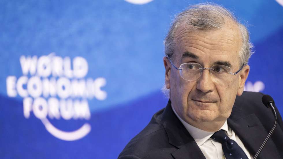 epa09969589 Francois Villeroy de Galhau, Governor of the Central Bank of France, addresses a plenary session during the 51st annual meeting of the World Economic Forum, WEF, in Davos, Switzerland, 23 May 2022. The forum has been postponed due to the COVID-19 pandemic and was rescheduled to early summer. The meeting brings together entrepreneurs, scientists, corporate and political leaders in Davos under the topic 'History at a Turning Point: Government Policies and Business Strategies' from 22 to 26 May 2022.  EPA/LAURENT GILLIERON