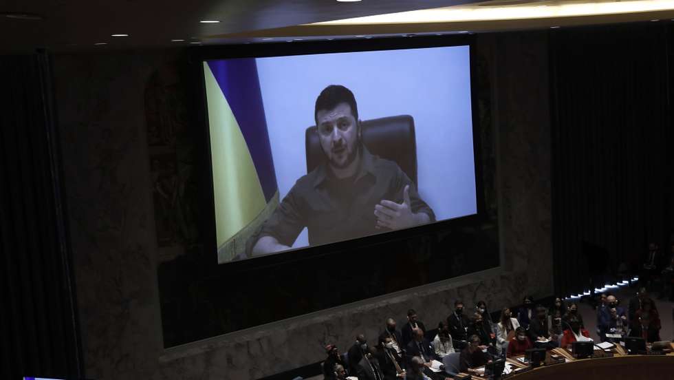 epaselect epa09872018 President Volodymyr Zelensky of Ukraine appears on screen and speaks during a United Nations Security Council meeting on the situation in Ukraine amid the Russian military invasion, at the United Nations headquarters, in New York, New York, USA, 05 April 2022.  EPA/PETER FOLEY