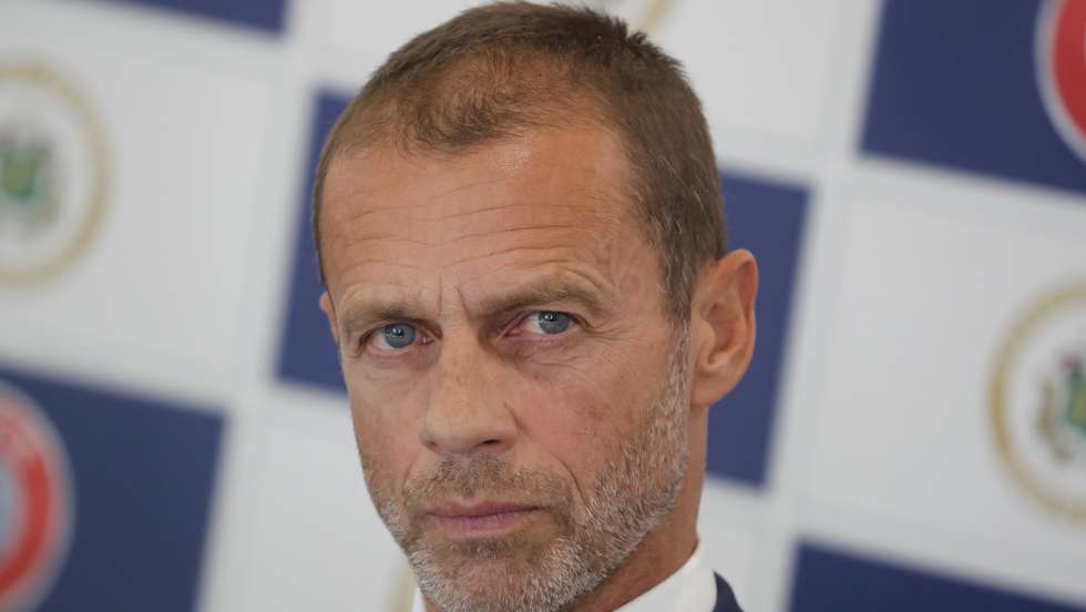 epa10199146 UEFA President Aleksander Ceferin attends a press conference after his meeting with Latvian Football Federation (LFF) president Vadims Lasenko in Riga, Latvia, 22 September 2022. Aleksander Ceferin visited Latvia to discuss the cooperation between LFF and local authorities in the construction of a football stadium in Riga.  EPA/TOMS KALNINS