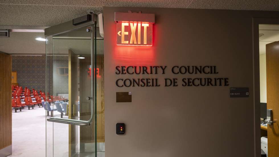 epa10000668 View of the entrance of the room of the United Nations Security Council, at the UN headquarters in New York, USA, 07 June 2022. The UN General Assembly will vote on membership for the Security Council for the period 2023-2024 on 09 June. Five member states, Ecuador, Japan, Malta, Mozambique, and Switzerland are currently running for the five available seats.  EPA/ALESSANDRO DELLA VALLE