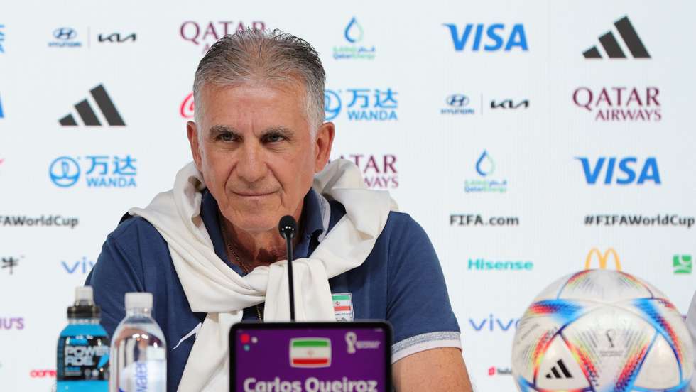 epa10316067 Iran's head coach Carlos Queiroz attends a press conference at the Qatar National Convention Center (QNCC) in Doha, Qatar, 20 November 2022. Iran will face England in their first group B match of the FIFA World Cup Qatar 2022 on 21 November.  EPA/ABIR SULTAN