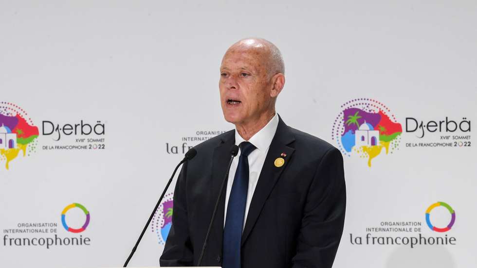 epa10314461 A handout photo made available by Tunisian presidency press service shows Tunisia's President Kais Saied speaks during the 18th Francophonie Summit in Djerba, Tunisia, 19 November 2022.  EPA/TUNISIAN PRESIDENCY  HANDOUT  HANDOUT EDITORIAL USE ONLY/NO SALES