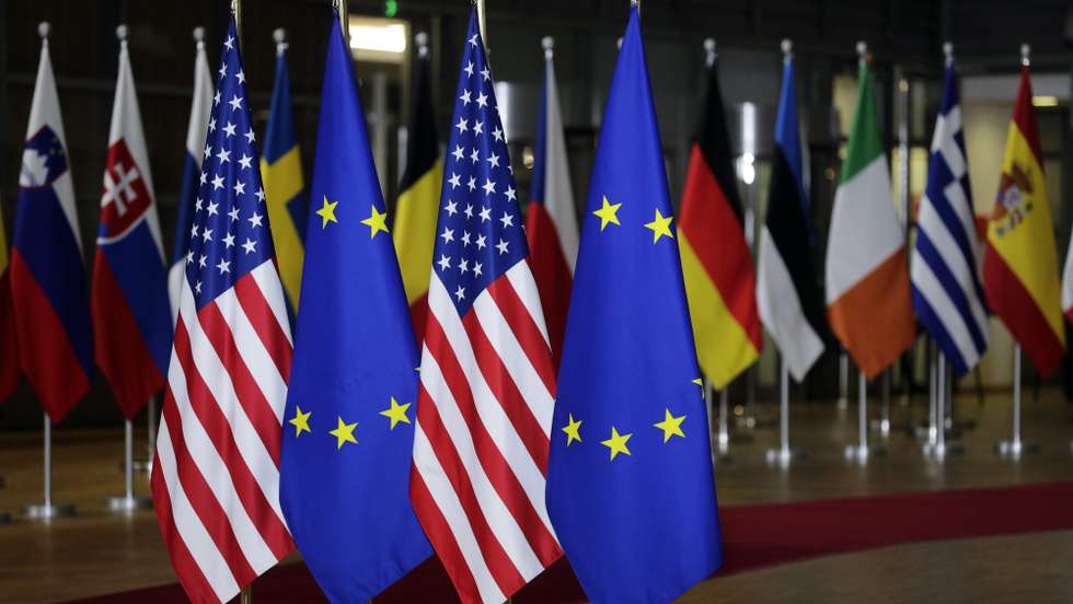 epa09847066 US and EU flags are set up for US president Joe Biden arrival for a European Council Summit in Brussels, Belgium, 24 March 2022. The European Council summit starts with the participation of US President Joe Biden to address Russia's ongoing military aggression against Ukraine. After that, Head of states will continue discussions on how best to support Ukraine in these dramatic circumstances.  EPA/OLIVIER HOSLET