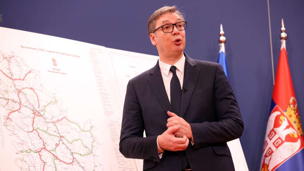 epa10389467 Serbian President Aleksandar Vucic talks during the New Years press conference in Belgrade, Serbia, 04 January 2023.  President Vucic held the annual press conference to present yearly results and outline plans for 2023.  EPA/ANDREJ CUKIC