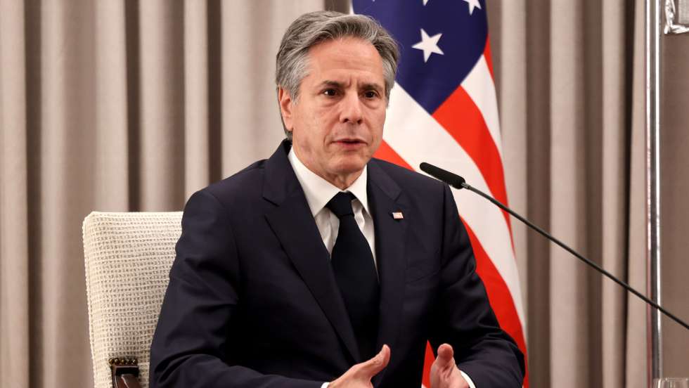epa10440395 US Secretary of State Antony Blinken speaks during a meeting with Israeli President in Jerusalem, Israel, 30 January 2023. Blinken arrived in Israel coming from Egypt as part of a three-day visit in the Middle East to promote peace and security in the region. He is also expected to visit Ramallah to meet with Palestinian Authority President Mahmoud Abbas.  EPA/MENAHEM KAHANA / POOL