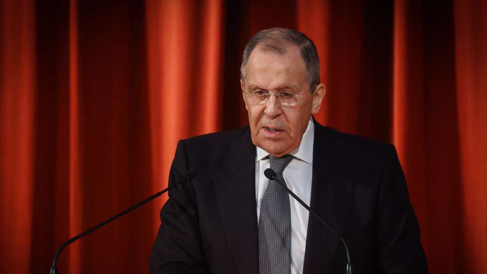 epa10459371 A handout photo made available by Russian Foreign ministry press service shows Russian Foreign Minister Sergei Lavrov delivers his speech during ceremonial meeting during celebration of the Day of the diplomatic worker of Russia in Moscow, Russia, 10 February 2023. No threats or accusations will be able to influence Russia's actions, Foreign Minister Sergei Lavrov said on February 10 during a solemn meeting on the occasion of the Diplomatic Worker's Day. Ahead is the most dangerous and unpredictable decade since the Second World War, the place of Russia and other countries in the world will be determined, Lavrov said.  EPA/RUSSIAN FOREIGN MINISTRY PRESS SERVICE / HANDOUT  HANDOUT EDITORIAL USE ONLY/NO SALES