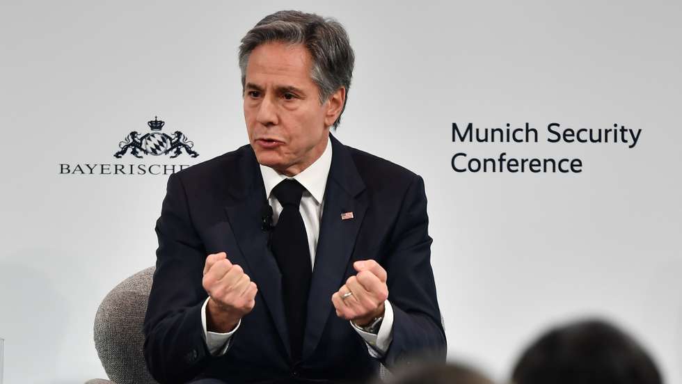 epa10475162 US Secretary of State Antony Blinken speaks during  the the 59th Munich Security Conference (MSC) in Munich, Germany, 18 February 2023. More than 500 high-level international decision-makers meet at the 59th Munich Security Conference in Munich during their annual meeting from 17 to 19 February 2023 to discuss global security issues.  EPA/ANNA SZILAGYI