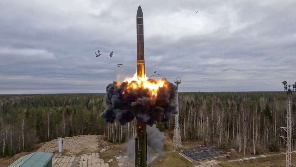 epa10267247 A handout still image taken from a handout video provided by the Russian Defence ministry press-service shows 'Yars' intercontinental ballistic missile launches at Plesetsk Cosmodrome to Kura Test Range during training to test the Russian strategic deterrence forces in Plesetsk, Russia, 26 October 2022. The Russian military held a training session during which they practiced a massive nuclear strike in response to an enemy nuclear attack. Valery Gerasimov, Chief of the General Staff of the Armed Forces of the Russian Federation, said that the Yars missile system of the Strategic Missile Forces, the strategic missile submarine of the Northern Fleet Tula, and two Tu-95MS missile carriers were involved in the training.  EPA/RUSSIAN DEFENCE MINISTRY PRESS SERVICE / HANDOUT  HANDOUT EDITORIAL USE ONLY/NO SALES