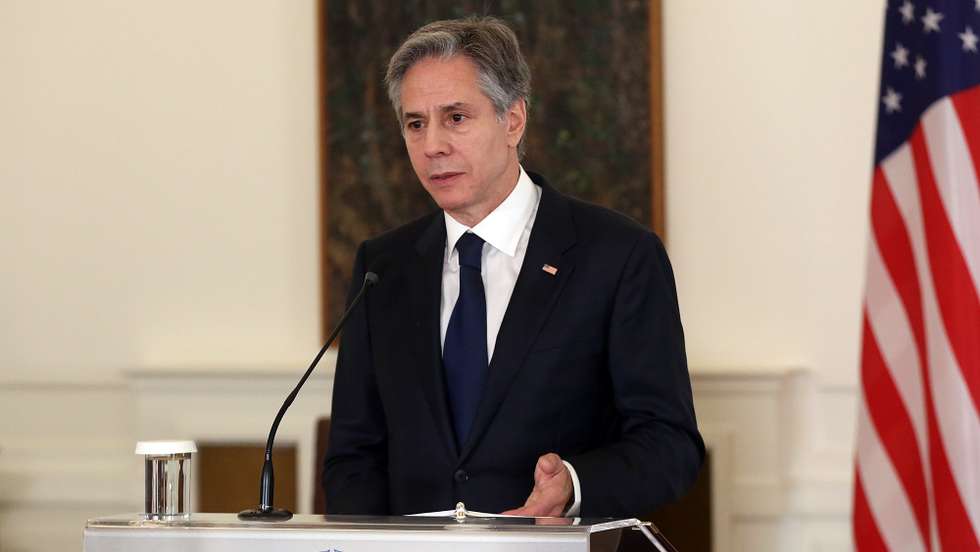 epa10481272 US Secretary of State Antony Blinken attends a press conference after a meeting with Greek Foreign Minister Nikolaos Dendias in Athens, Greece, 21 February 2023. Blinken is in Athens on a two days official visit.  EPA/ORESTIS PANAGIOTOU