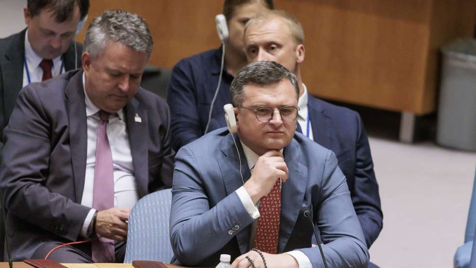 epa10752379 Ukraine's Foreign Minister Dmytro Kuleba attends an United Nations Security Council about Russia's ongoing invasion of Ukraine at United Nations headquarters in New York, New York, USA, 17 July 2023. Russia announced on 17 July it is not going to extend the U.N.-backed Black Sea Grain Initiative, an agreement allowing Ukraine to export grain through Black Sea. The last ship carrying Ukrainian grain, The TQ Samsung, is to arrive to Turkey on 17 or 18 July. UN Secretary General Gutterez in a statement expressed he is disapointed about Russia's withdrawal from the agreement as this decision puts at risk global food security.  EPA/JUSTIN LANE