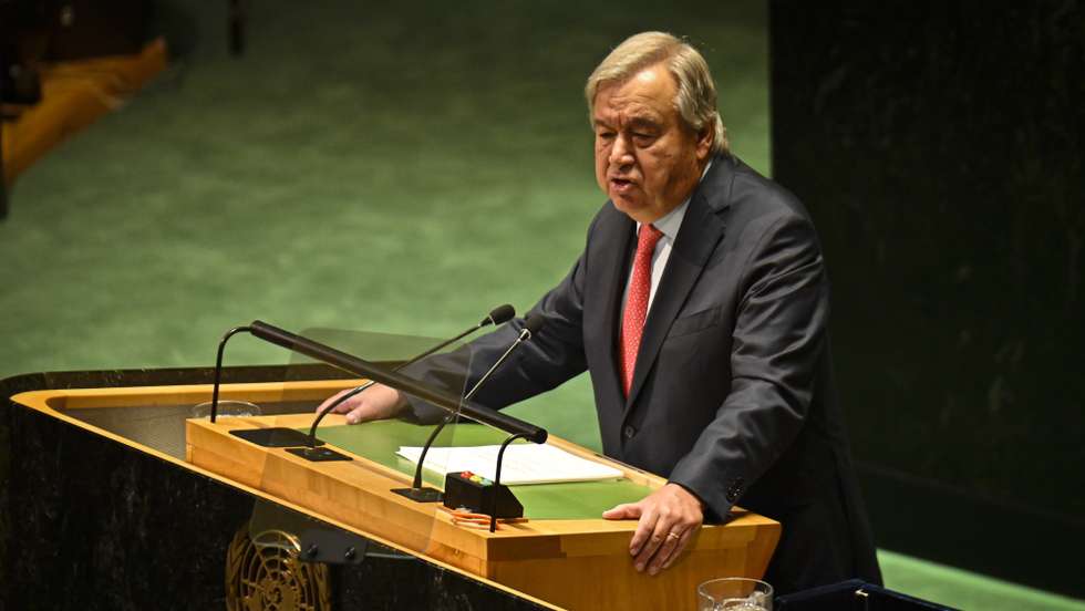 epa10869702 United Nation Secretary-General Antonio Guterres addresses the delegates during the 78th session of the United Nations General Assembly at United Nations Headquarters in New York, New York, USA, 19 September 2023.  EPA/MIGUEL RODRIGUEZ