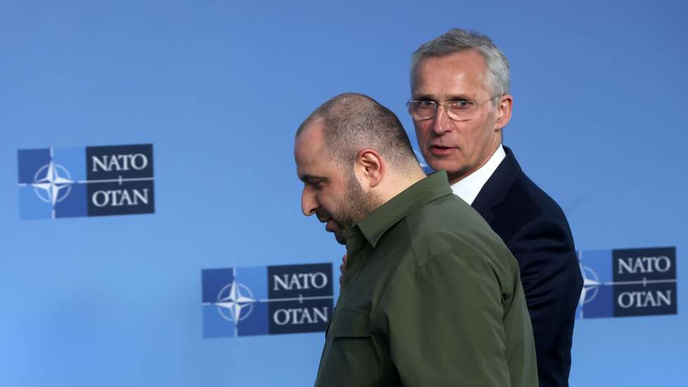 epa11407676 NATO Secretary General Jens Stoltenberg (R) welcomes Ukraine's Defense Minister, Rustem Umerov, during a NATO defense ministers meeting at the alliance's headquarters in Brussels, Belgium, 13 June 2024. NATO Defence Ministers gather in Brussels on 13 and 14 June 2024, hoping to agree on a new plan to provide long-term security assistance and military training to Ukraine, after Hungary promised not to veto the scheme as long as it's not forced to take part.  EPA/OLIVIER HOSLET