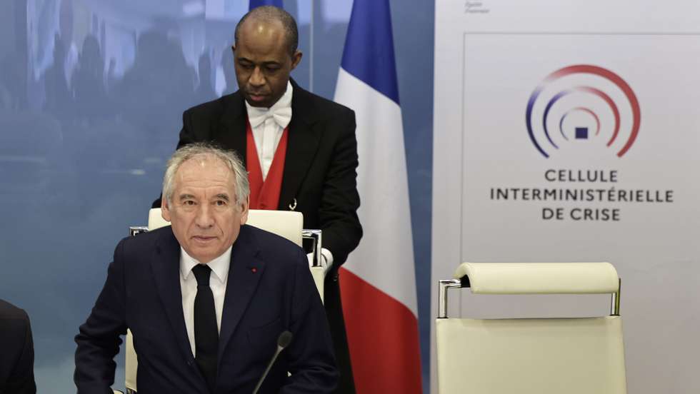 epa11777365 French Prime Minister Francois Bayrou attends a meeting about the situation in Mayotte devastated by the tropical cyclone Chido, at the Interior Ministry Crisis Centre in Paris, France, 14 December 2024.  EPA/STEPHANE DE SAKUTIN / POOL MAXPPP OUT