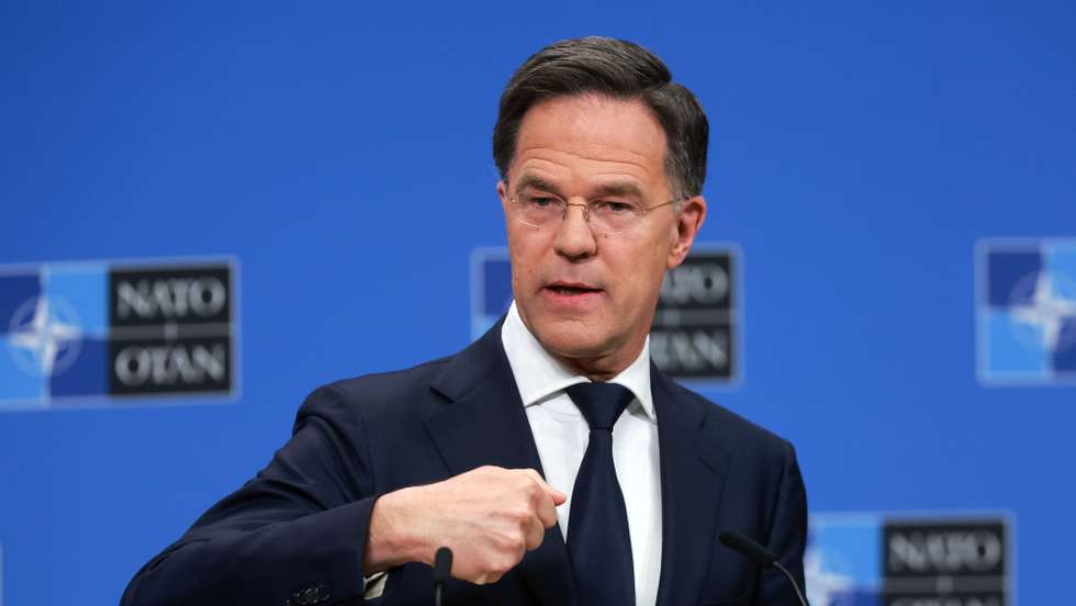 epa12009149 NATO Secretary General Mark Rutte speaks at a press conference after the North Atlantic Treaty Organization (NATO) meeting of NATO Foreign Ministers at NATO's headquarters in Brussels, Belgium, 04 April 2025.  EPA/OLIVIER HOSLET