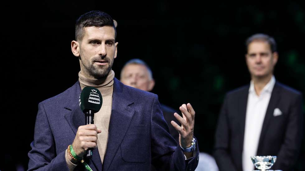 epa12535927 Tennis player Novak Djokovic of Serbia attends   a tribute ceremony for the late coach Niki Pilic at the Davis Cup 2025 Final 8 tennis tournament in Bologna, Italy, 19 November 2025.  EPA/ELISABETTA BARACCHI
