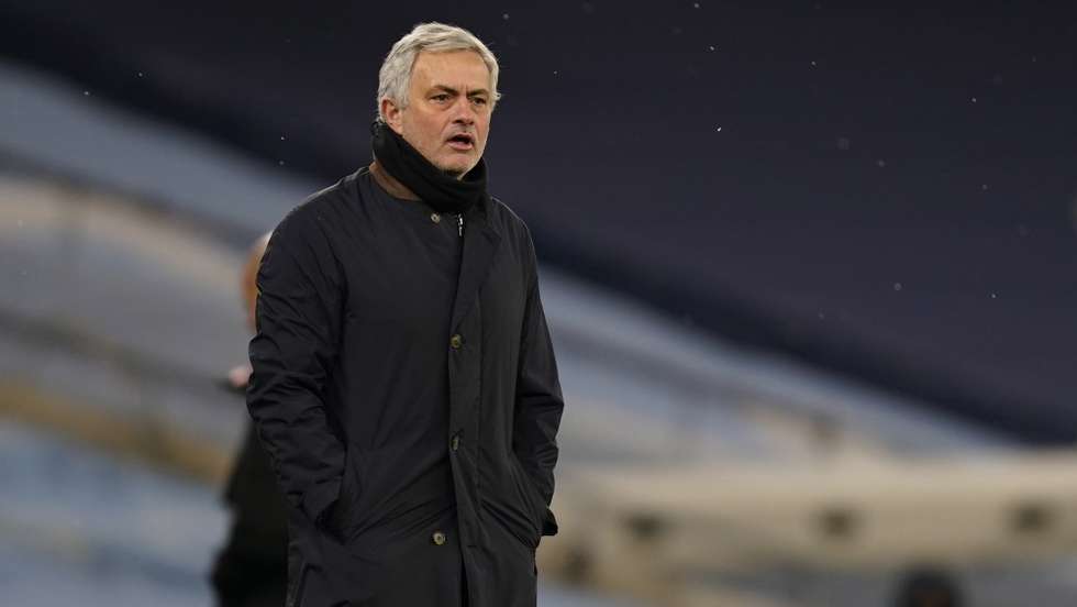 epa09010395 Jose Mourinho, manager of Tottenham reacts during the English Premier League soccer match between Manchester City and Tottenham Hotspur in Manchester, Britain, 13 February 2021.  EPA/Tim Keeton / POOL EDITORIAL USE ONLY. No use with unauthorized audio, video, data, fixture lists, club/league logos or 'live' services. Online in-match use limited to 120 images, no video emulation. No use in betting, games or single club/league/player publications.