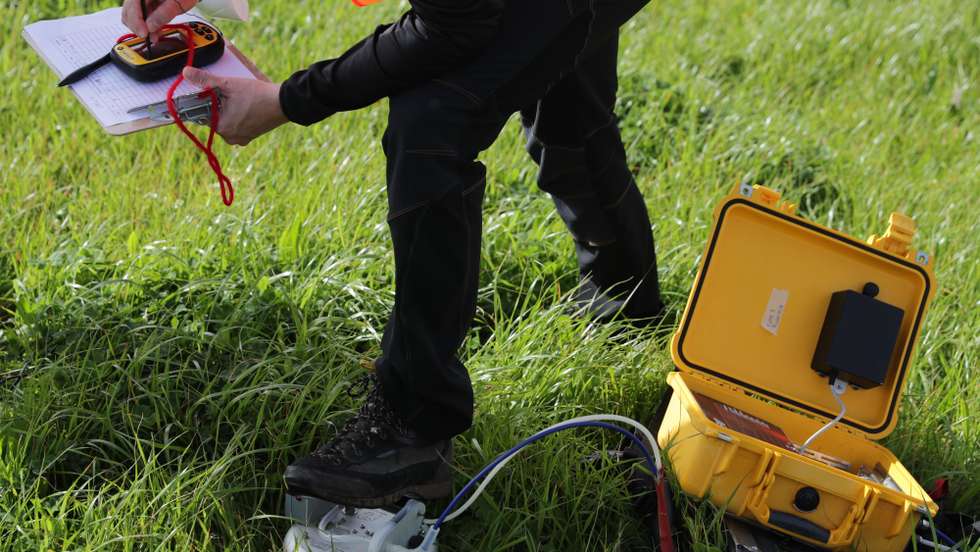 The team of two experts from CIVISA (Seismovulcanic Surveillance and Information Centre of the Azores), Catarina (not in the picture) and Victorio, started this morning, another day of gas measurements near the football field in Velas village and in the Rosais area, a work that is taking place in the field since March 20, the day after the most energetic earthquake of this crisis, which occurred at 18: 41 (19:41 Lisbon time) of March 19, with a magnitude of 3.3 on the Richter scale), Velas, São Jorge, Azores, Portugal, March 28, 2022. TIAGO PETINGA/LUSA