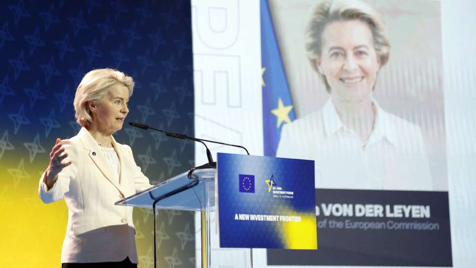 epa12450469 President of the European Commission Ursula von der Leyen speaks during the opening of the EU-WB6 Investment Forum in Tirana, Albania, 13 October 2025.  EPA/MALTON DIBRA