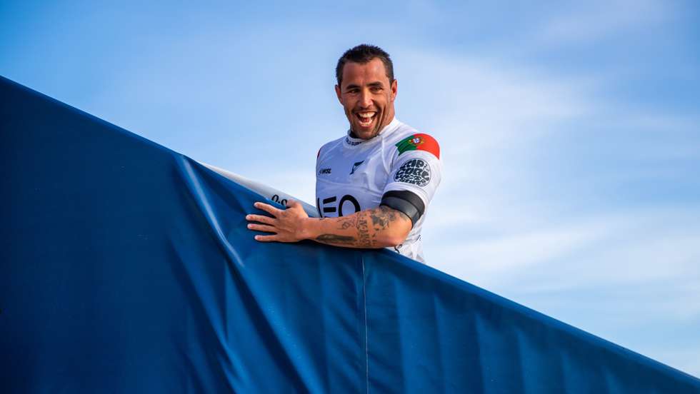 epa09801876 Portuguese surfer Vasco Ribeiro reacts after his elimination round heat of the Meo Pro Portugal surfing event as part of the World Surf League (WSL) World Tour at Supertubos beach in Peniche, Portugal, 04 March 2022.  EPA/JOSE SENA GOULAO