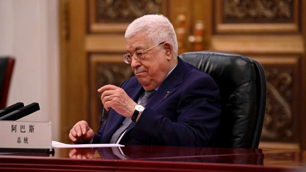 epa10691557 Palestinian President Mahmud Abbas attends a meeting with Chinese Premier Li Qiang (not pictured) at the Great Hall of the People in Beijing, China, 15 June 2023.  EPA/Jade Gao / POOL