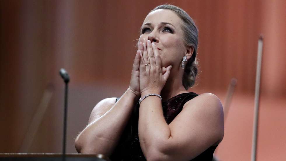 epa07815671 German operatic soprano, Diana Damrau, together with The London Symphony Orchestra (LSO), performs the Final Scene of Richard Strauss' opera 'Capriccio' during the George Enescu International Festival 2019, in Bucharest, Romania, 03 September 2019. The festival, held since 1958 every two years, is the biggest classical music festival held in Romania, in honor of Romanian composer and violinist George Enescu. The 24th edition of the George Enescu International Festival takes place between 31 August and 22 September 2019.  EPA/ROBERT GHEMENT