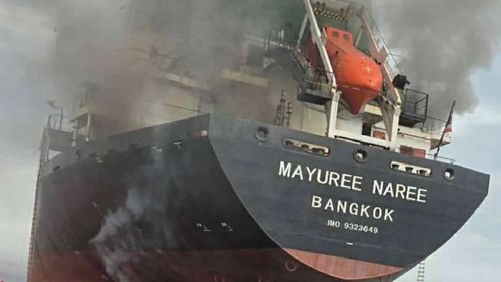 epa12813296 A handout photo made available by the Royal Thai Navy shows the Thai-flagged cargo ship Mayuree Naree on fire after being hit by Iranian missiles in the Strait of Hormuz, Iran, 11 March 2026 (issued 12 March 2026). According to the Royal Thai Navy, 20 Thai crew members were rescued by Oman’s navy while three remain missing.  EPA/ROYAL THAI NAVY / HANDOUT HANDOUT EDITORIAL USE ONLY/NO SALES