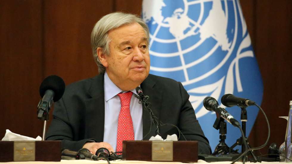 epa10497272 The Secretary-General of the United Nations, Antonio Guterres speaks during a press conference at the al-Rasheed hotel in Baghdad, Iraq, 01 March 2023. Antonio Guterres announced that his visit is to show solidarity and promote hope for a better future for Iraq.  EPA/AHMED JALIL