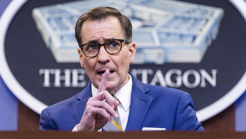epa09756889 Pentagon Press Secretary John Kirby responds to questions about the Russian buildup on the Ukrainian border at the Pentagon in Arlington, Virginia, USA, 14 February 2022.  The US is closing its embassy in Kiev (Kyiv) as it moves State Department employees out of Ukraine.  EPA/JIM LO SCALZO