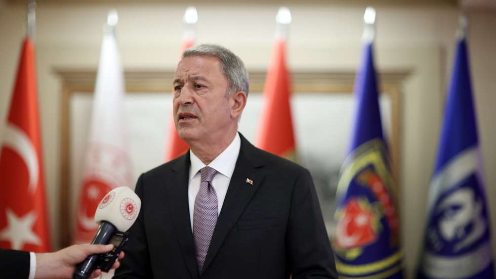 epa10069407 A handout photo made available by the Turkish Defence Ministry press office shows, Turkish Defence Minister Hulusi Akar speaks after the Turkish, Russian, Ukrainian and UN diplomats meeting for grain talks in Istanbul, Turkey, 13 July 2022.  EPA/TURKISH DEFENCE MINISTRY PRESS OFFICE / HANDOUT  HANDOUT EDITORIAL USE ONLY/NO SALES