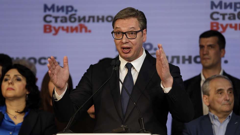 epa09868922 Incumbent Serbian President Aleksandar Vucic celebrates as he presents the early results of the general elections in Belgrade, Serbia, 03 April 2022.  EPA/ANDREJ CUKIC