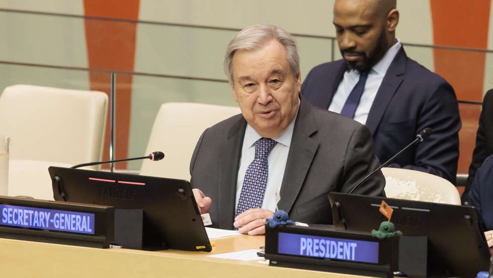epa10700164 United Nations Secretary-General Antonio Guterres (L) speaks during a meeting  where delegates agreed to adopt the text of the so-called 'High Seas Treaty' at the United Nations headquarters in New York, New York, USA, 19 June 2023. The treaty, which was adopted by delegates at the UN's Intergovernmental Conference on Marine Biodiversity of Areas Beyond National Jurisdiction, the BBNJ, that creates a legal framework to fund marine conservation and helps define internationally agreed upon rules about access to and use of 'marine genetic resources'.  EPA/JUSTIN LANE