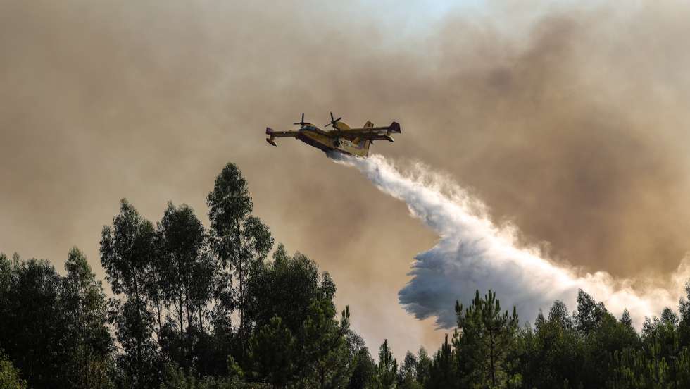 An Airplane Canadair drops water during a forest fire in Pedrogao Grande, Leiria, Portugal, 23 August 2025. The two fires that are currently consuming forest in Pedrogao Grande have already reached the municipality of Sertã, with various resources being deployed in both areas to combat the fire, Civil Protection told Lusa. At 6 p.m., 676 firefighters supported by 178 vehicles and 15 aircraft were fighting the two fires. PAULO NOVAIS/LUSA