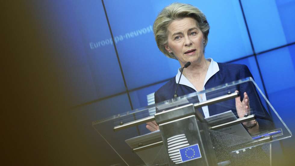 epa09037995 European Commission President Ursula von der Leyen speaks during a news conference following a video conference on security and defence and on the EU's Southern Neighborhood with European leaders and NATO Secretary General Stoltenberg in Brussels, Belgium, 26 February 2021.  EPA/JOHANNA GERON / POOL