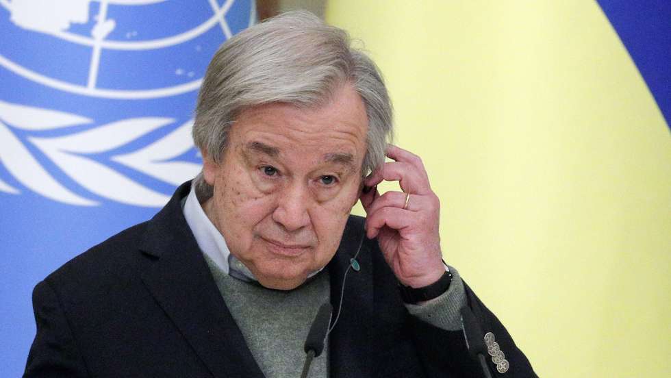 epa10509522 UN Secretary-General Antonio Guterres attends a joint press conference with Ukraine's President Zelensky following their meeting in Kyiv, Ukraine, 08 March 2023. Antonio Guterres arrived in Ukraine to meet with top officials amid Russia's invasion and discuss the further implementation of the 'grain agreement'.  EPA/SERGEY DOLZHENKO