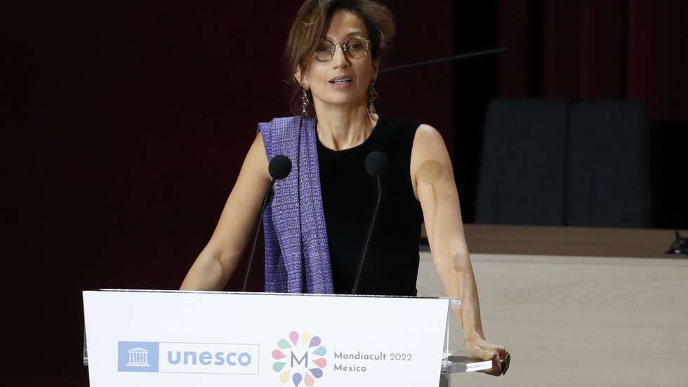 epa10212242 The Director General of UNESCO, Audrey Azoulay, speaks during the inauguration of the UNESCO World Conference on Cultural Policies and Sustainable Development (Mondiacult), in Mexico City, Mexico, 28 September 2022. The UNESCO World Conference on Cultural Policies and Sustainable Development (Mondiacult) 2022 began this 28 September at the National Auditorium in Mexico City with a speech open to diversity and against racism.  EPA/Jose Mendez