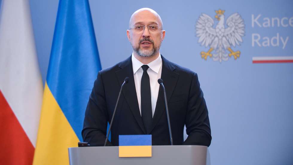 epa11248127 Ukrainian Prime Minister Denys Shmyhal attends a joint press conference with the Polish prime minister after their meeting at the Prime Minister's Office in Warsaw, Poland, 28 March 2024.  EPA/Marcin Obara  POLAND OUT
