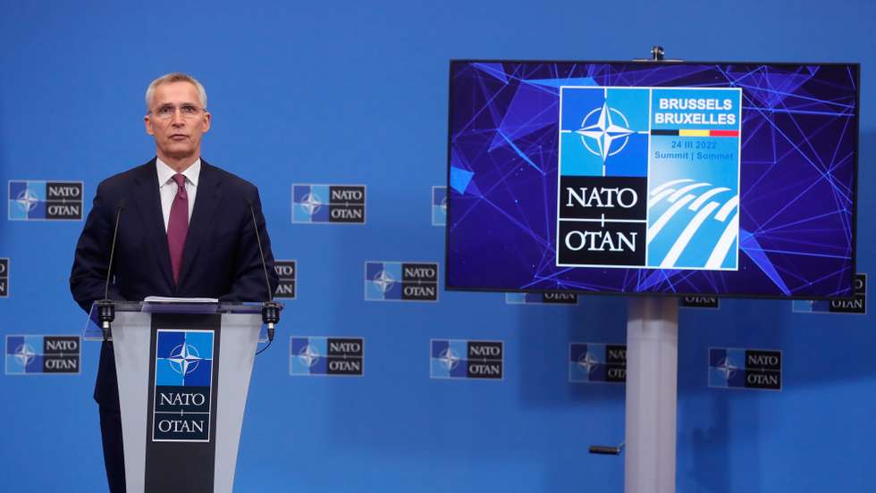 epa09844128 NATO Secretary General Jens Stoltenberg speaks during a press conference previewing an extraordinary NATO Summit at the Alliance headquarters in Brussels, Belgium, 23 March 2022. NATO summit will be held at the NATO Headquarters on 24 march 2022.  EPA/STEPHANIE LECOCQ