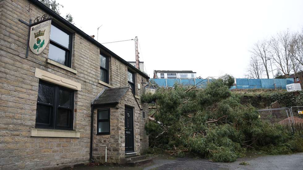 epa11046701 A fallen tree against the side of the Royal Oak pub in Tameside, Britain, 28 December 2023. A major incident has been declared after the Tameside area of Greater Manchester was hit by a localized tornado on the evening of 27 December 2023.  EPA/ADAM VAUGHAN