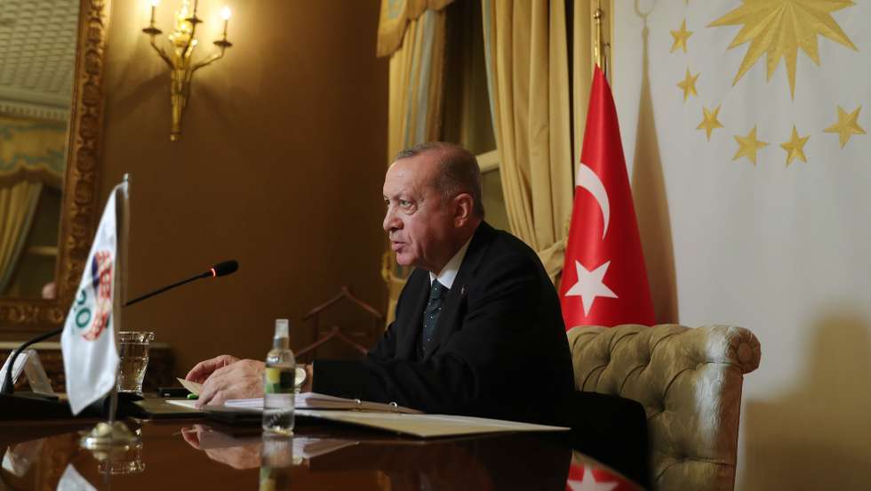 epa08836283 A handout photo made available by the Turkish President Press office shows Turkish President Recep Tayyip Erdogan attending day two of the virtual G20 meeting hosted by Saudi Arabia, amid the coronavirus disease (COVID-19) outbreak, in Istanbul, Turkey, 22 November 2020.  EPA/TURKISH PRESIDENT PRESS OFFICE HANDOUT  HANDOUT EDITORIAL USE ONLY/NO SALES