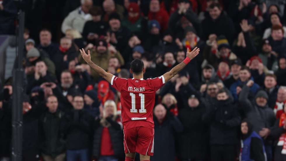 epa12688927 Mohamed Salah of Liverpool celebrates scoring the 3-0 goal during the UEFA Champions League match between Liverpool FC and Qarabaq FK, in Liverpool, Britain, 28 January 2026.  EPA/ADAM VAUGHAN