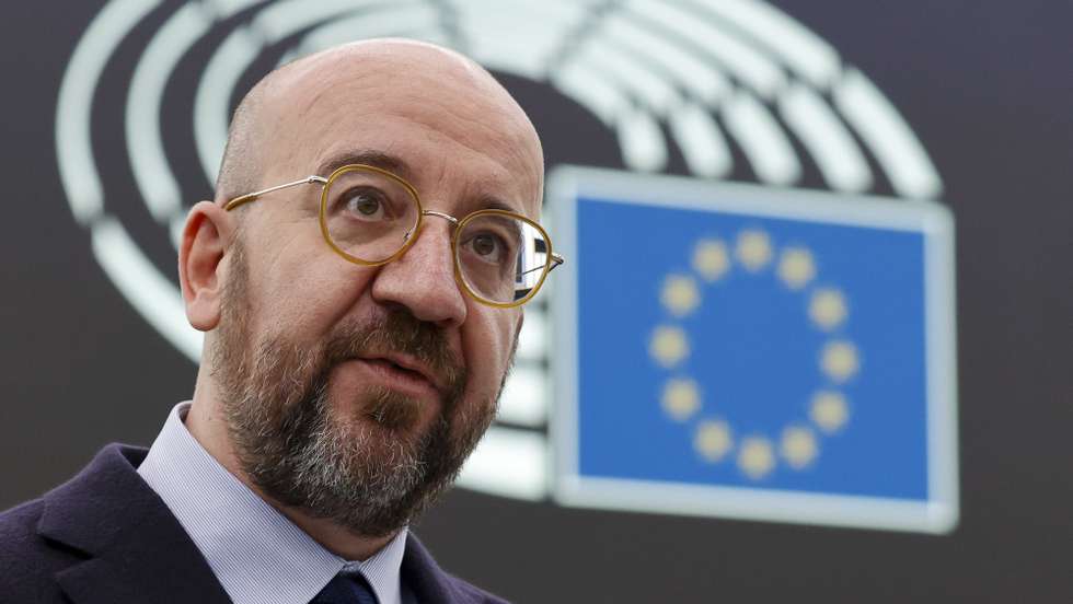 epa10412674 President of the European Council Charles Michel gives a statement on the conclusions of the European Council meeting, at the European Parliament in Strasbourg, France, 18 January 2023.  EPA/JULIEN WARNAND