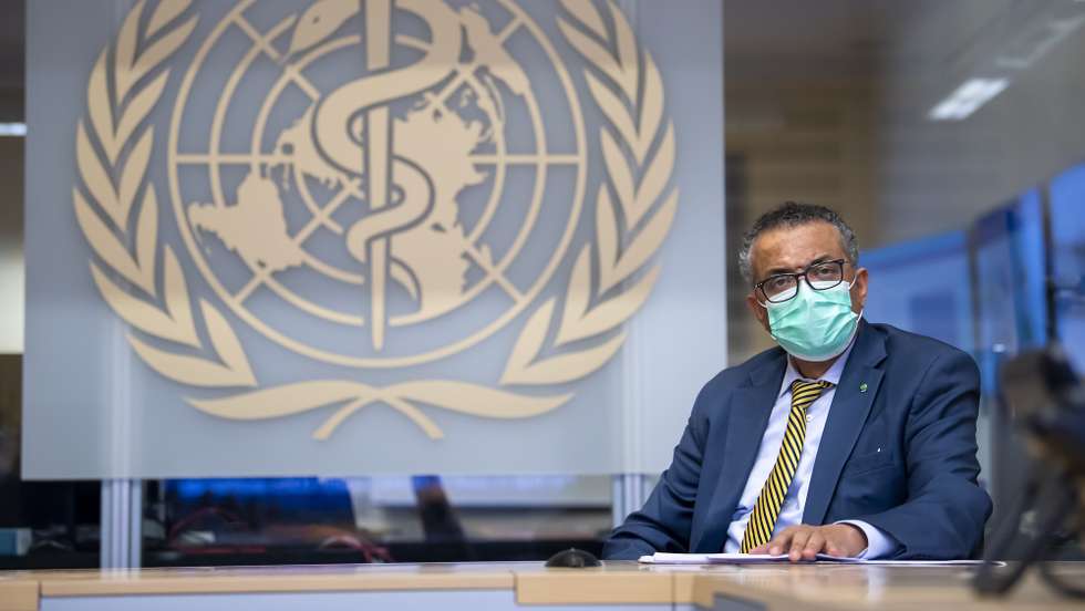 epa08747767 Tedros Adhanom Ghebreyesus, Director General of the World Health Organization (WHO), speaks during a visit of the Presidents of the Swiss Federal Chambers, at the World Health Organization (WHO) headquarters in Geneva, Switzerland, 15 October 2020.  EPA/MARTIAL TREZZINI