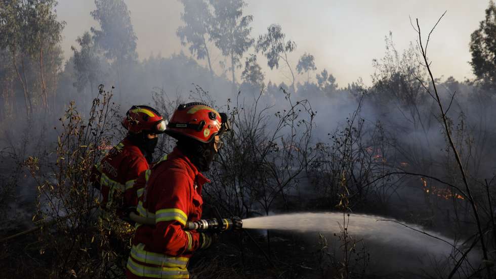 Bombeiros combatem um incêndio em Glória do Ribatejo, no concelho de Salvaterra de Magos, 22 agosto 2021. O incêndio que lavra desde cerca das 15:00 de hoje em Salvaterra de Magos causou um ferido ligeiro, o condicionamento da uma estrada e o corte da linha férrea de Vendas Novas. PAULO CUNHA/LUSA