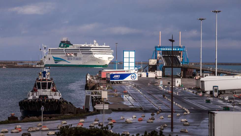 epa08988712 A ferry operated by Irish Ferries arrives at the port of Cherbourg, Normandy region, France, 04 February 2021 (issued 05 February 2021). Brexit has triggered the direct transport of trucks between Ireland and France, trying to avoid the long bureaucratic procedures involved in entering and leaving British soil. The French city of Cherbourg saw in January 2021 the traffic of trucks leaving or entering on board ferries to Ireland tripled compared to the same month of 2020 (9,000 compared to 3,000), according to General Manager of Cherbourg Harbour Yannick Millet. Typically some 150,000 trucks use the so-called 'land bridge' each year to cross from Ireland to the mainland via the UK, said president of the West Normandy Chamber of Commerce for Industry Dominique Louzeau, and Cherbourg could capture around 20-25 percent of that volume, in addition to its regular traffic, among the carriers seeking to avoid stricter customs and sanitary controls. There are currently 15 weekly heavy vehicle ferry frequencies between Cherbourg and Ireland (the ports of Rosselare and Dublin), up from six in December 2020.  EPA/CHRISTOPHE PETIT TESSON  ATTENTION: This Image is part of a PHOTO SET