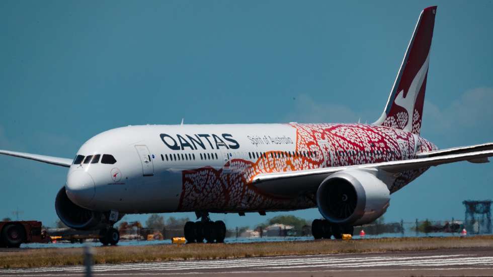 epa08766954 A Qantas plane carrying repatriated Australians lands at Darwin Airport in Darwin, Australia, 23 October 2020. Qantas charter flights are set to repatriate stranded Australians in the United Kingdom and India with the Northern Territory’s Howard Springs facility to be used for hotel quarantine.  EPA/CHARLIE BLISS AUSTRALIA AND NEW ZEALAND OUT