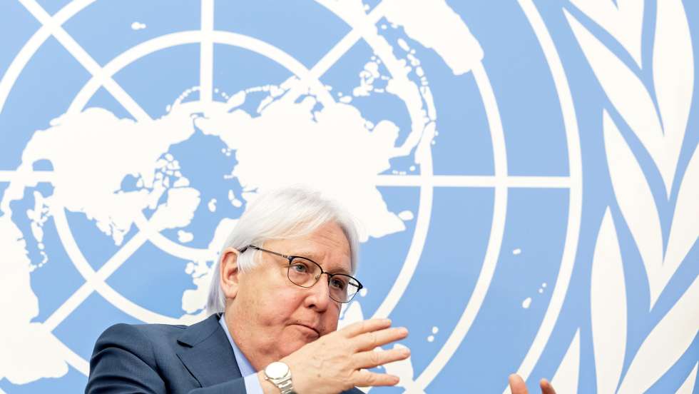 epa09793897 Martin Griffiths, Under-Secretary-General for Humanitarian Affairs and Emergency Relief Coordinator, launches of the humanitarian appeal in support of the people of Ukraine during a press conference, at the European headquarters of the United Nations in Geneva, Switzerland, 01 March 2022.  EPA/SALVATORE DI NOLFI