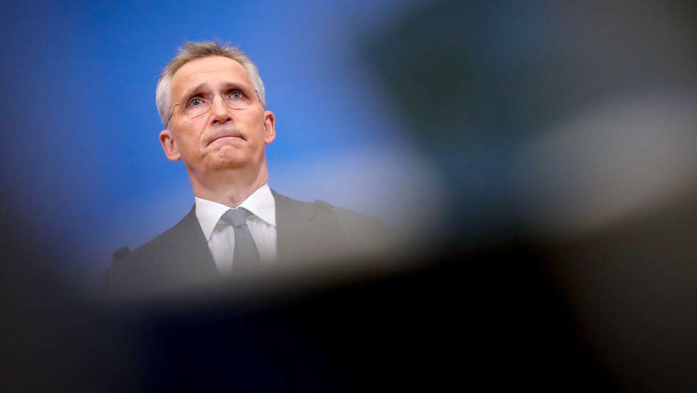 epa09759007 NATO Secretary General Jens Stoltenberg holds a pre-ministerial press conference at the Alliance headquarters in Brussels, Belgium, 15 February 2022. Meetings of the North Atlantic Council (NAC) at the level of Defence Ministers will be held at the NATO Headquarters on 16 and 17 February 2022.  EPA/STEPHANIE LECOCQ