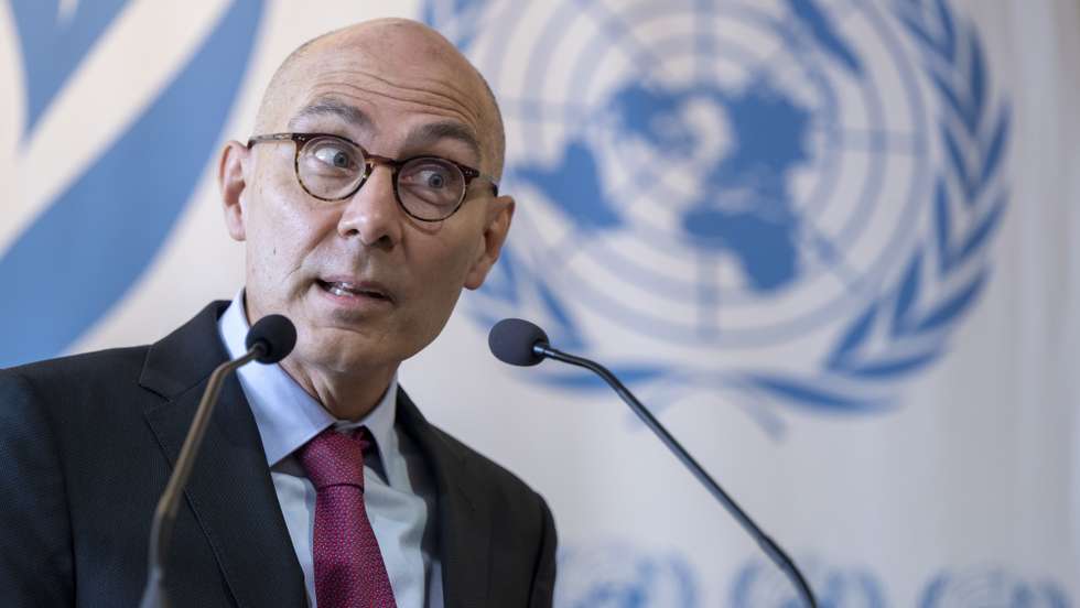 epa10324808 United Nations (UN) High Commissioner for Human Rights Volker Turk talks to the media during a Human Rights Council's special session on the deteriorating human rights situation in the Islamic Republic of Iran, at the European UN headquarters in Geneva, Switzerland, 24 November 2022.  EPA/MARTIAL TREZZINI SWITZERLAND OUT