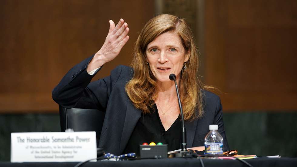 epa09092084 Samantha Power, nominee to be Administrator of the United States Agency for International Development, answers questions at her confirmation hearing before the Senate Foreign Relations Committee in Washington, DC, USA, 23 March 2021.  EPA/Greg Nash / POOL